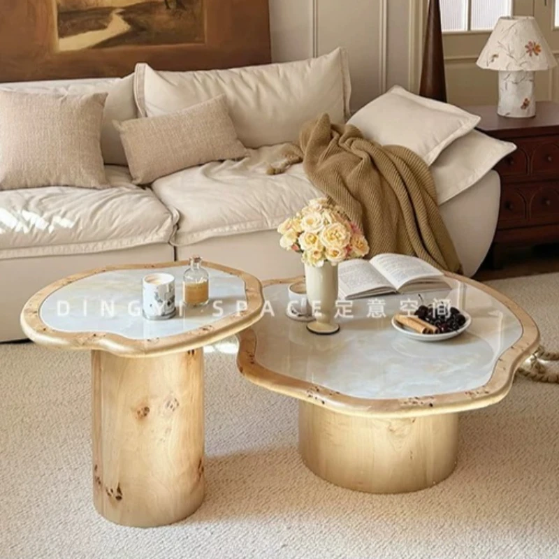 Nesting Coffee Table Set with Natural Marble Tops and Burl Wood Bases for Rustic and Modern Living Room Decor designer furniture
