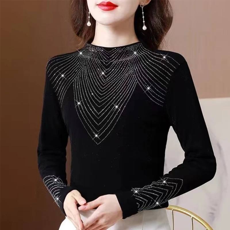 

1pcs Autumn Winter Womens Shining Diamond T-shirt Female Fashion Black Slimming Tee Female Half Mock Neck Thermal Base Layer Top