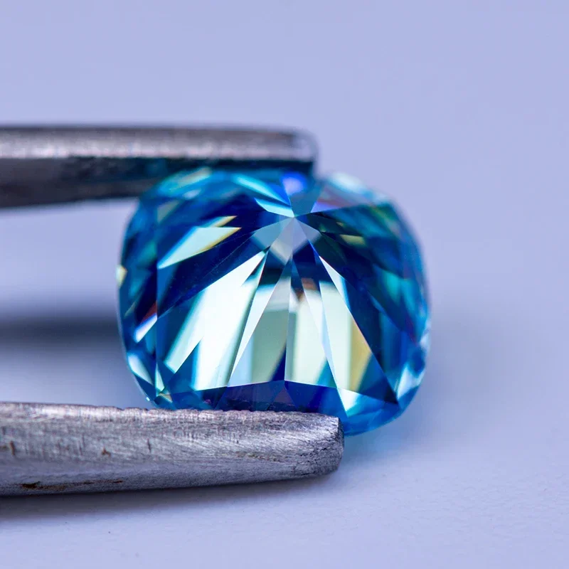 Moissanite Gemstone Cushion Cut Aquamarine Color VVS1 with GRA Certificate for Gemstone Charms Advanced Jewelry Making Materials