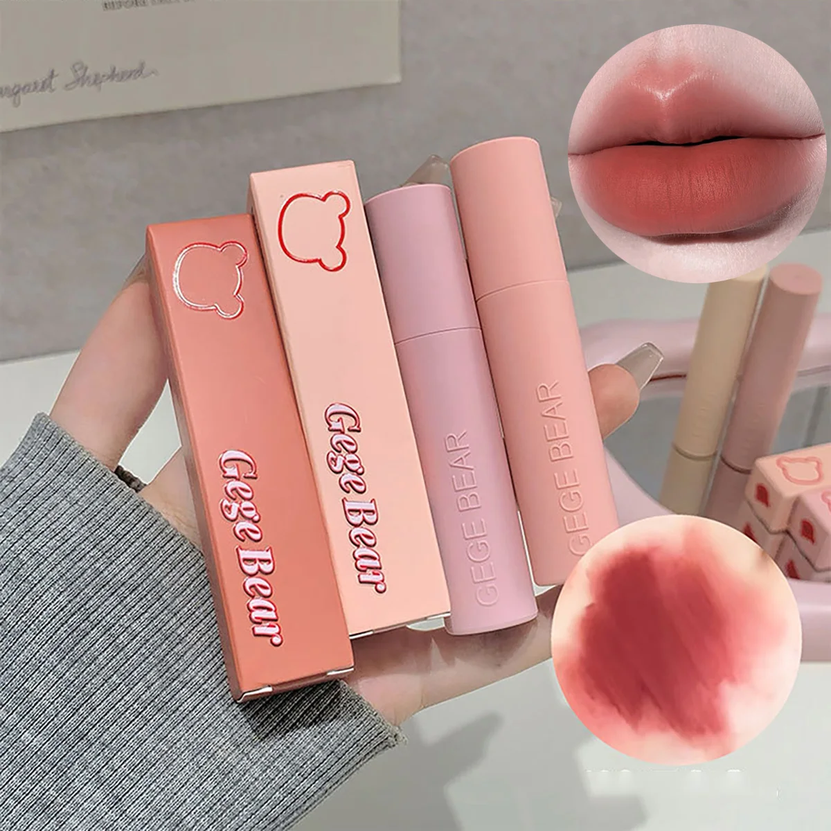 Gege Bear Macaron Velvet Matte Lip Mud, Lápiz Labial Líquido de Larga Duración, No se Desvanece, No se Transfiere, Brillo Labial