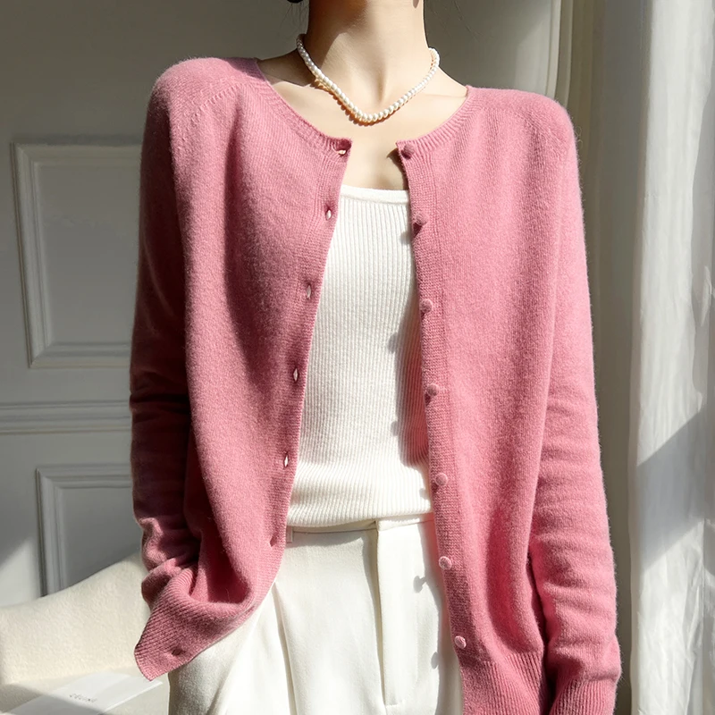 Spring New Cardigan Women\'s O-Neck Line Ready To Wear Sweater 100% Pure Wool Knitted Jacket Slim Fit Fashion Long Sleeved Shirt