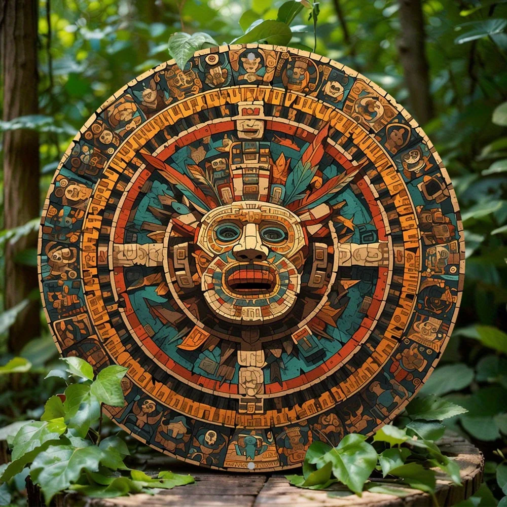 

Round Aluminum Flat Print, Mayan Culture Carvings Themed Sign, Metal Decor, Home, Wall Decoration, Holiday Gift, 2D