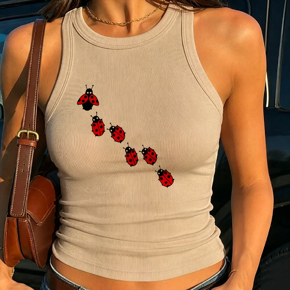 Cute Ladybugs Scattered Pattern Insect Cottagecore Retro Aesthe Vest Ribbed Crop Top Camisole Sleeveless High Neck Y2k Tank Top