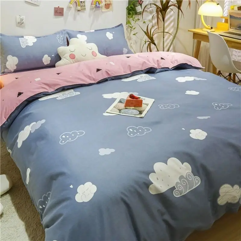 Broken Flowers Nature Bed Skirt 4-Piece Set, Washed Cotton, Brushed Quilt Cover, Bed Linen, Student Girl, Three-Piece Pastoral