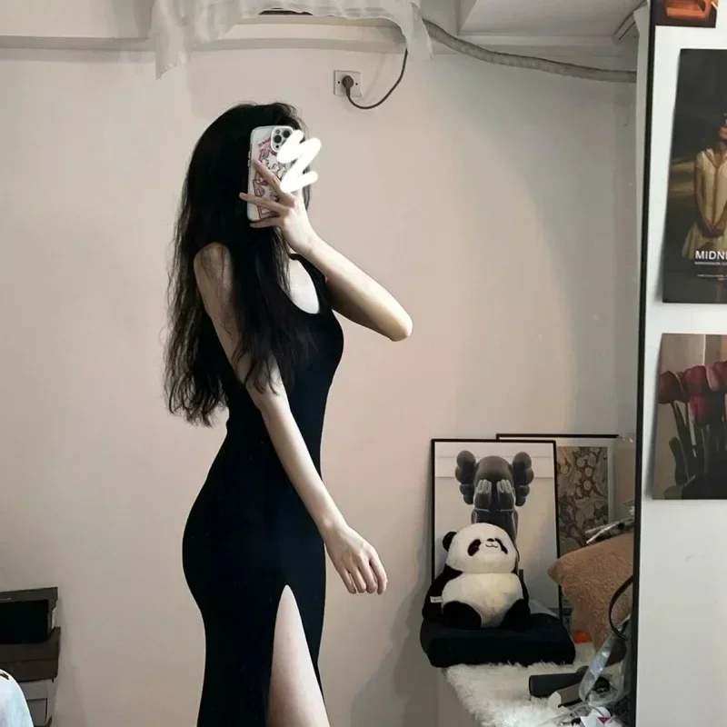 

Black Sleeveless Dress Women Korean Fashion Style Side Slit Irregular Midi Sexy Sheath Solid Elegant Chic Summer Платье Y2k