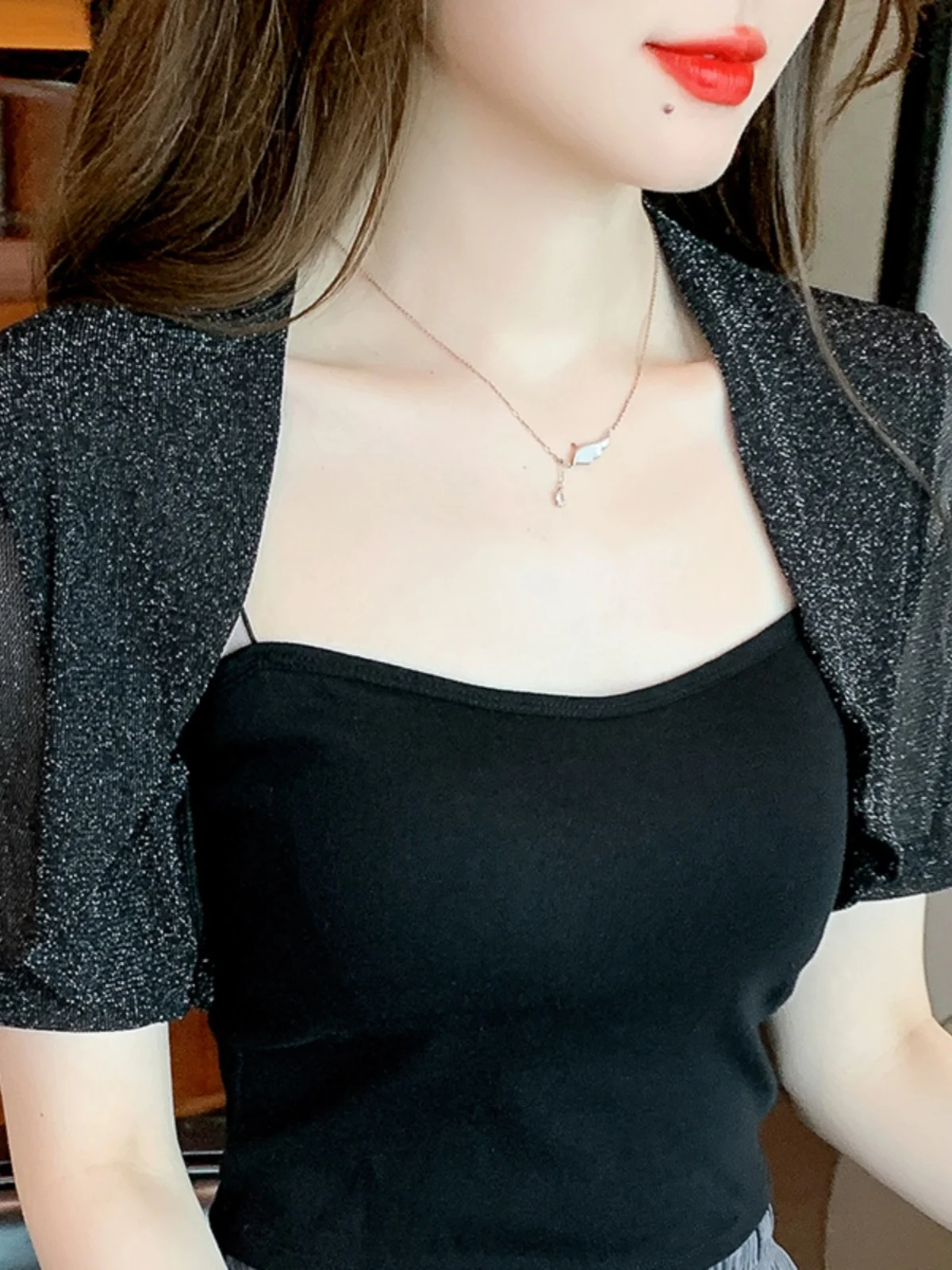 

Ultra-Short Sequin Women's Shoulder Wrap Summer 2024 Short Sleeve Shawl Outerwear Strap Dress Cover-Up Open Cardigan