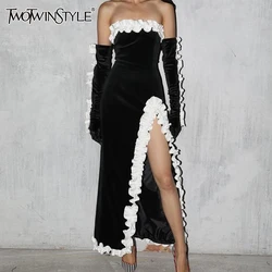 TWOTWINSTYLE Colorblock Spliced Folds Slim Dresses For Women Slash Neck Long Glove High Waist Split Chic Designer Dress Female