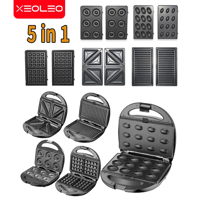 XEOLEO-5 em 1 Máquina Elétrica de Waffles, 750W, Multi-Baker, Bolha, Mini, Sanduíche, Donut, Panini, Máquina de Bolo, Cozinha, Pão, Antiaderente