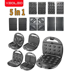 XEOLEO-máquina eléctrica para hacer gofres 5 en 1, 750W, multibaker, sándwich/Donut/Panini/máquinas para hacer gofres para pasteles, gofres antiadherente para cocina