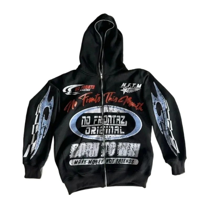 

Hip hop letter racing element style men clothing design printed zipper cardigan Y2k retro Gothic couple casual hoodie traf