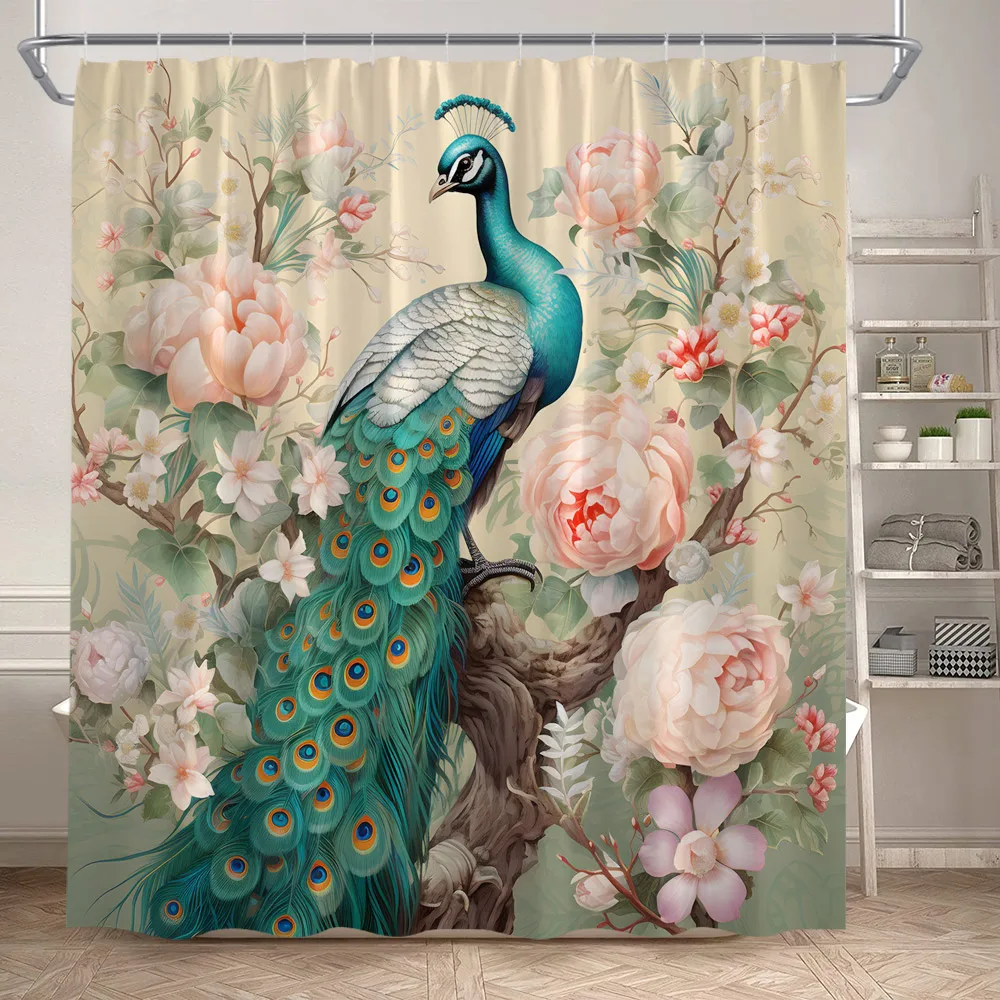 Blue Peacocks Shower Curtains Forest Trees Plants Flowers Waterfall Scenery Polyester Fabric Bathroom Curtain Decor with Hooks