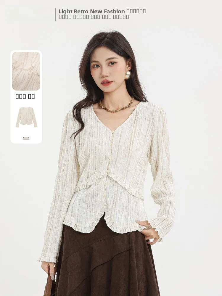 

Женская модная универсальная повседневная дышащая блузка с V-образным вырезом и длинным рукавом из полиэфирного волокна, новинка зимы 2025 года