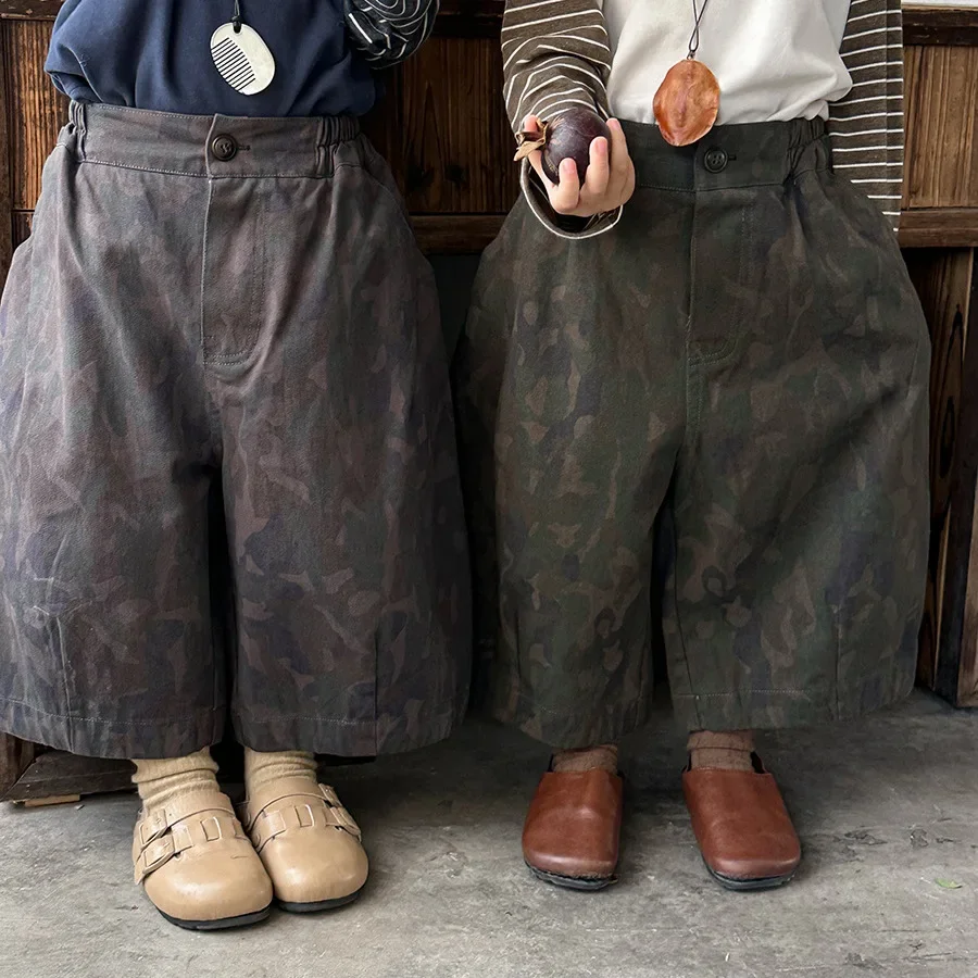 

Autumn New Kids Camouflage Pants Vintage Gender Neutral Wide Leg Trousers 9-Point Pants for Boys Girls