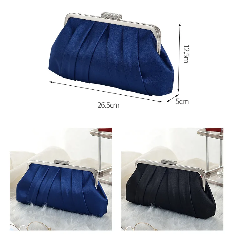 Retro Silk Evening Bag Clutches Fashion Simple Blue Black Fold Chain Shoulder Bags For Women Wedding Party Bridal Handbags Purse view 6