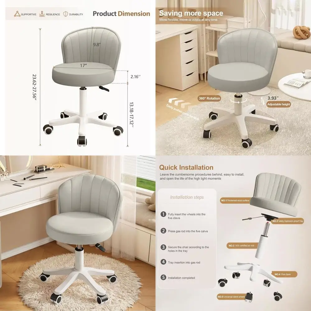 

Compact Swivel Desk Chair: Comfortable, Low-Back PU Leather Vanity Chair with Height Adjustment for Work or Spa