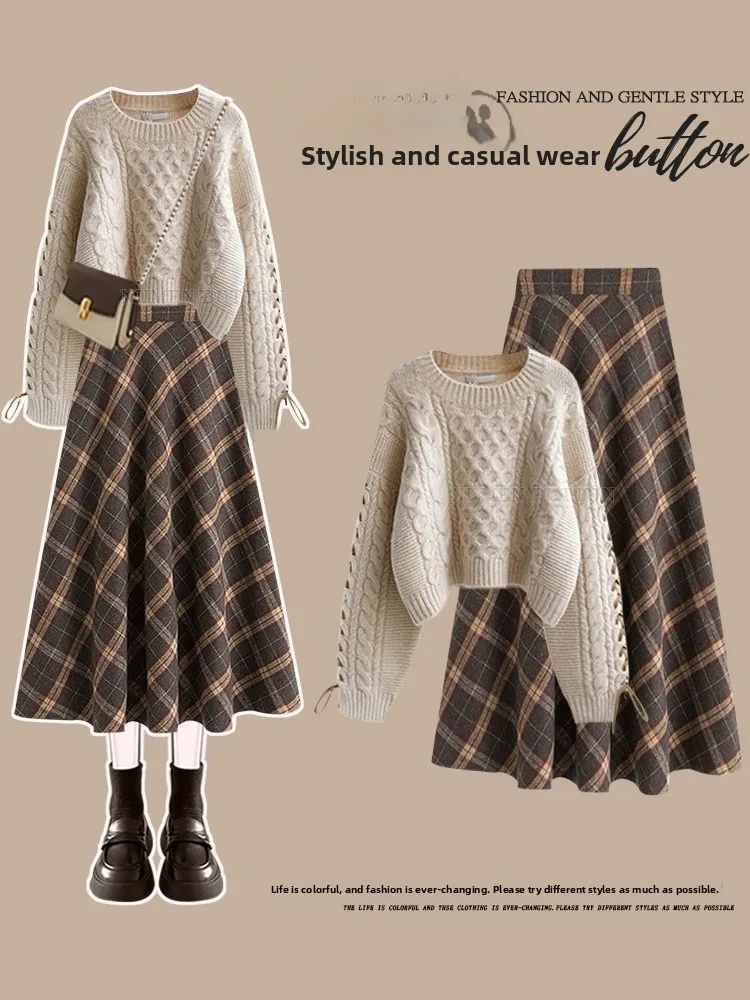 

Комплект из вязаного свитера больших размеров и юбки с высокой талией для женщин, винтажный стиль, осенне-зимняя мода, повседневный наряд