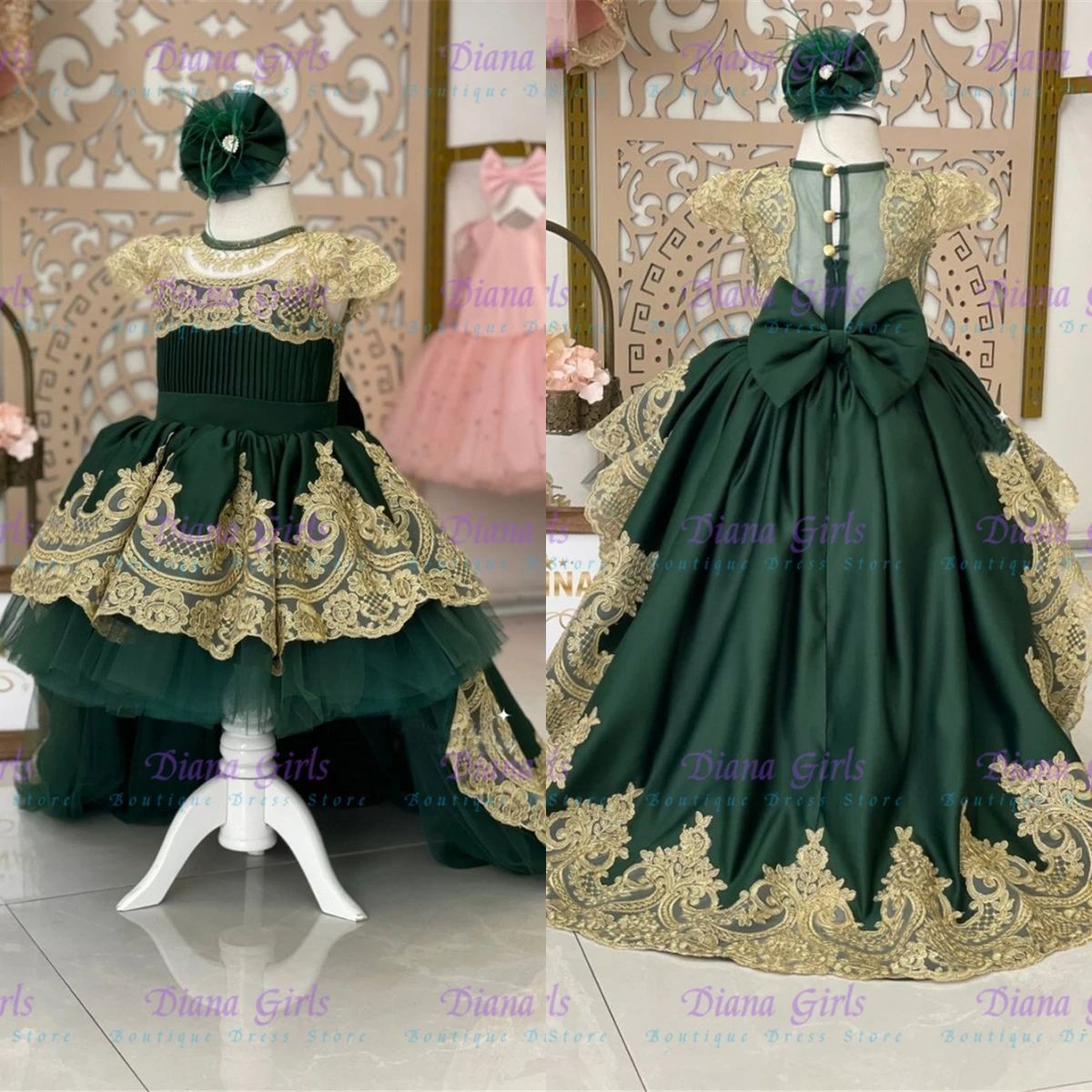 

Gorgeous Green Flower Girl Dress Tulle Fluffy Gold Applique With Satin Long Tailing For Weddings Birthday Ball Evening Gowns