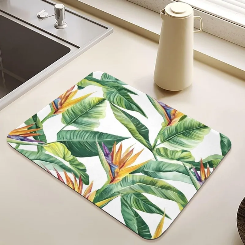 Tropical Bird of Paradise Dish Drying Mat Banana Leaf Kitchen Counter Mat Hawaii Botanical Coffee Bar Pad Absorbent
