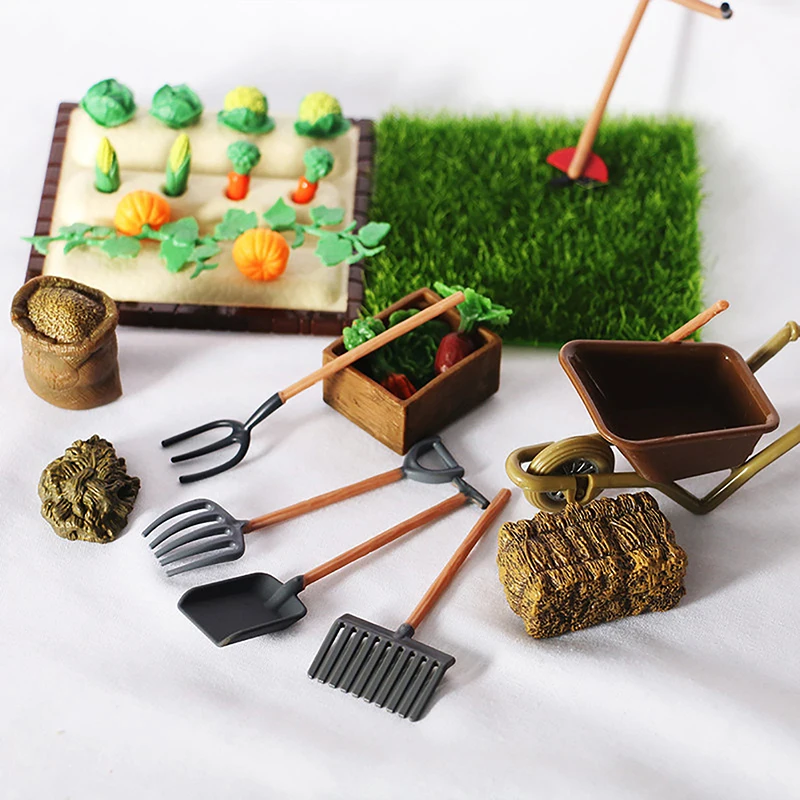 1:12 Dollhouse Miniature Gardening Shovel Rake Lawn Mower Vegetable Farm For Doll House Decor Kids Pretend Play Toys