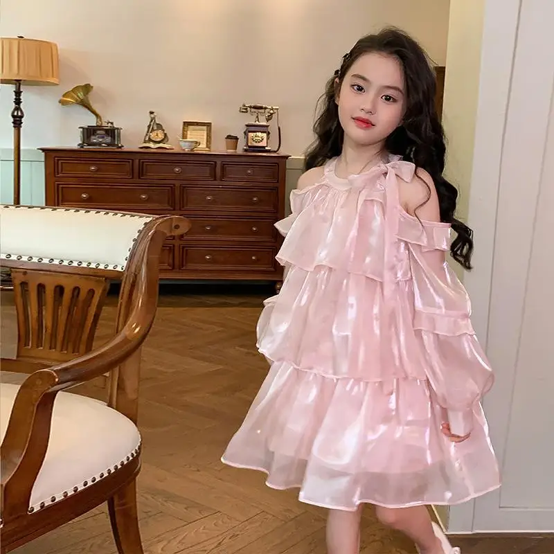 2025 Summer New Girls Dress Pink Off Shoulder Long Sleeve Halterneck Princess Dress For 2-10 Years Teen Girls Grace Fashion Dres