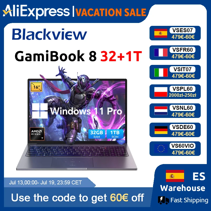 Blackview ‎ Portátil GamiBook 8 con AMD R7 7735HS, Pantalla de 16 Pulgadas, Batería de 5000 mAh, 16 GB de RAM LPDDR5, 512 GB de ROM, Windows 11 Pro, BT5.2, Wifi 6, Teclado Retroiluminado