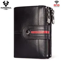 HUMERPAUL-cartera informal de cuero genuino para hombre, portatarjetas de crédito con bloqueo RFID, bolsillo para monedas con cremallera, bolso de mano corto, 100%