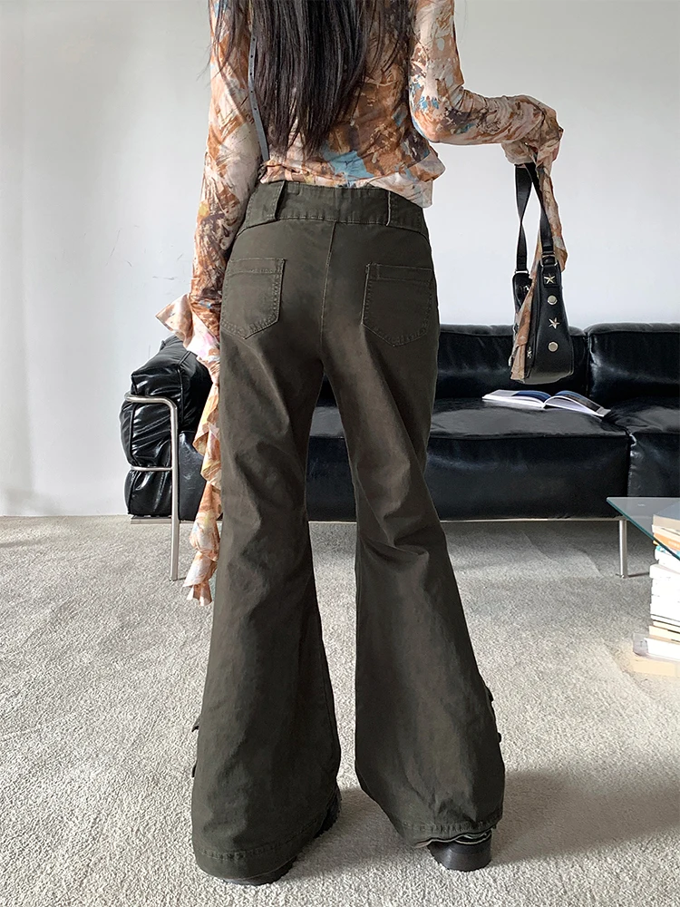 Women Green Y2k Flare Jeans Harajuku Aesthetic Japanese 2000s Style Baggy Cargo Denim Trousers Vintage Jean Pants Trashy Clothes