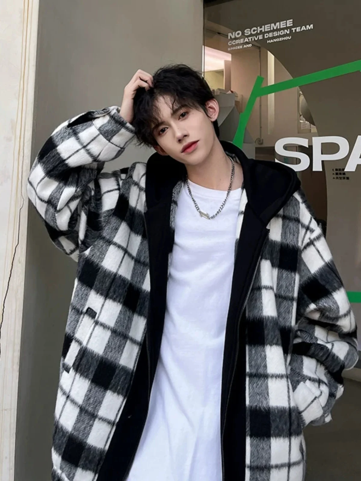 

Мужская шерстяная куртка в клетку в стиле преппи, свободного кроя, повседневная, весенне-осенняя, модная, для подростков, верхняя одежда на молнии с капюшоном