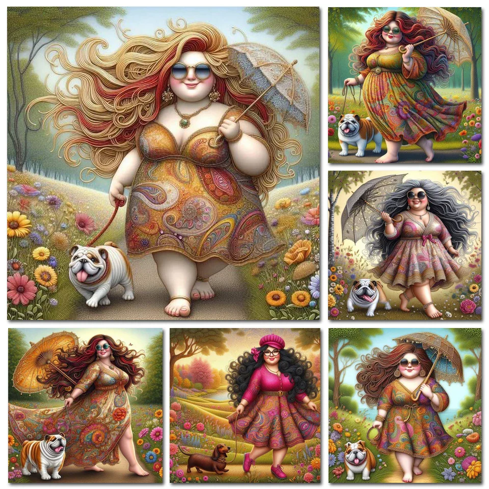 5D DIY Diamond Painting Cross Stitch Fat lady Dog picture Diamond Mosaic Full Square/Round Diamond Rhinestone Embroidery Woman