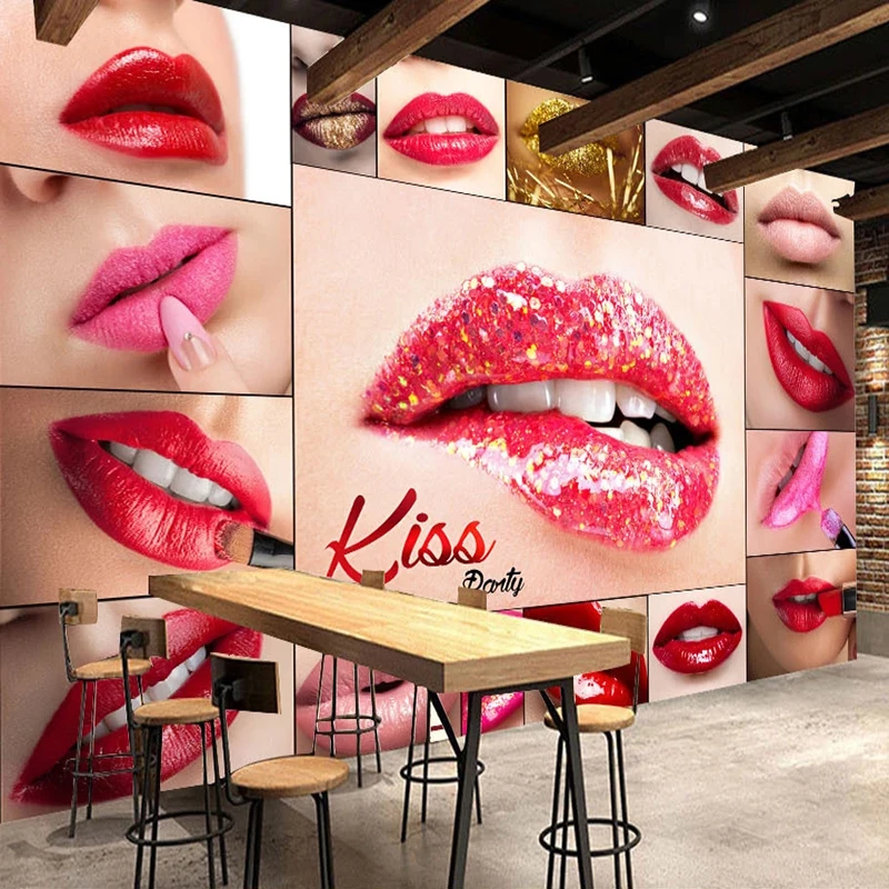 Custom Mural Wallpaper 3D Red Lips Creative Poster Photo Wall Painting KTV Bar Makeup Shop Background Wall Decor Papel De Parede