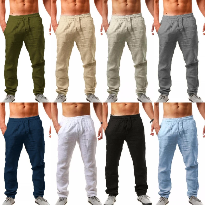 

2024 Summer New Cotton and Hemp Men's Casual Pants Solid Color Breathable Beach Drawstring Pants Joggers