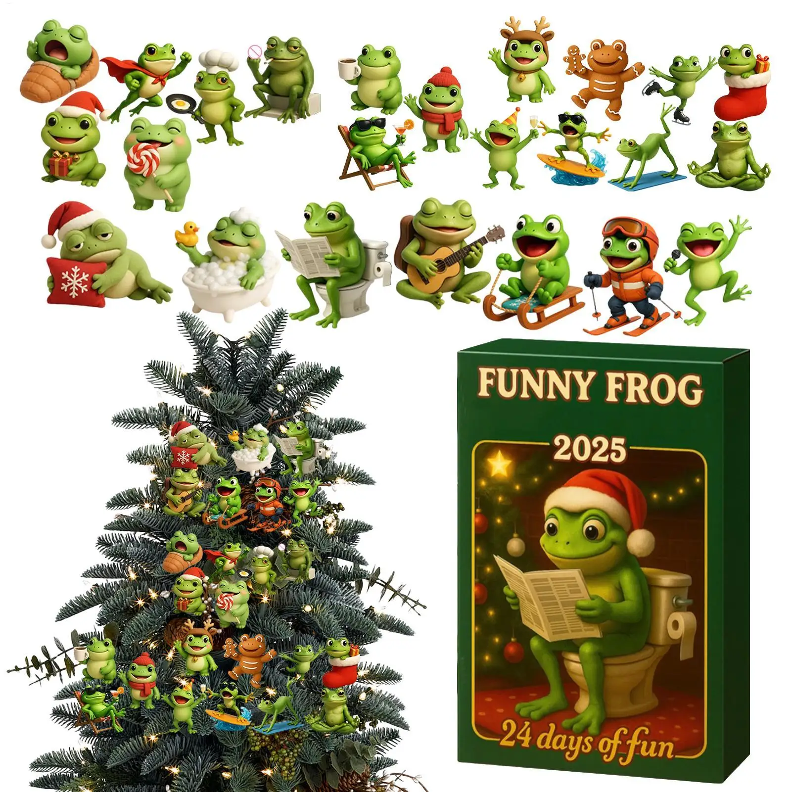 Weihnachts-Adventskalender, 2D-Acryl-Frosch-Ornamente, 24-Tage-Countdown-Kalender, niedliche lustige Baumdekoration, Urlaub, Party, Heimdekoration
