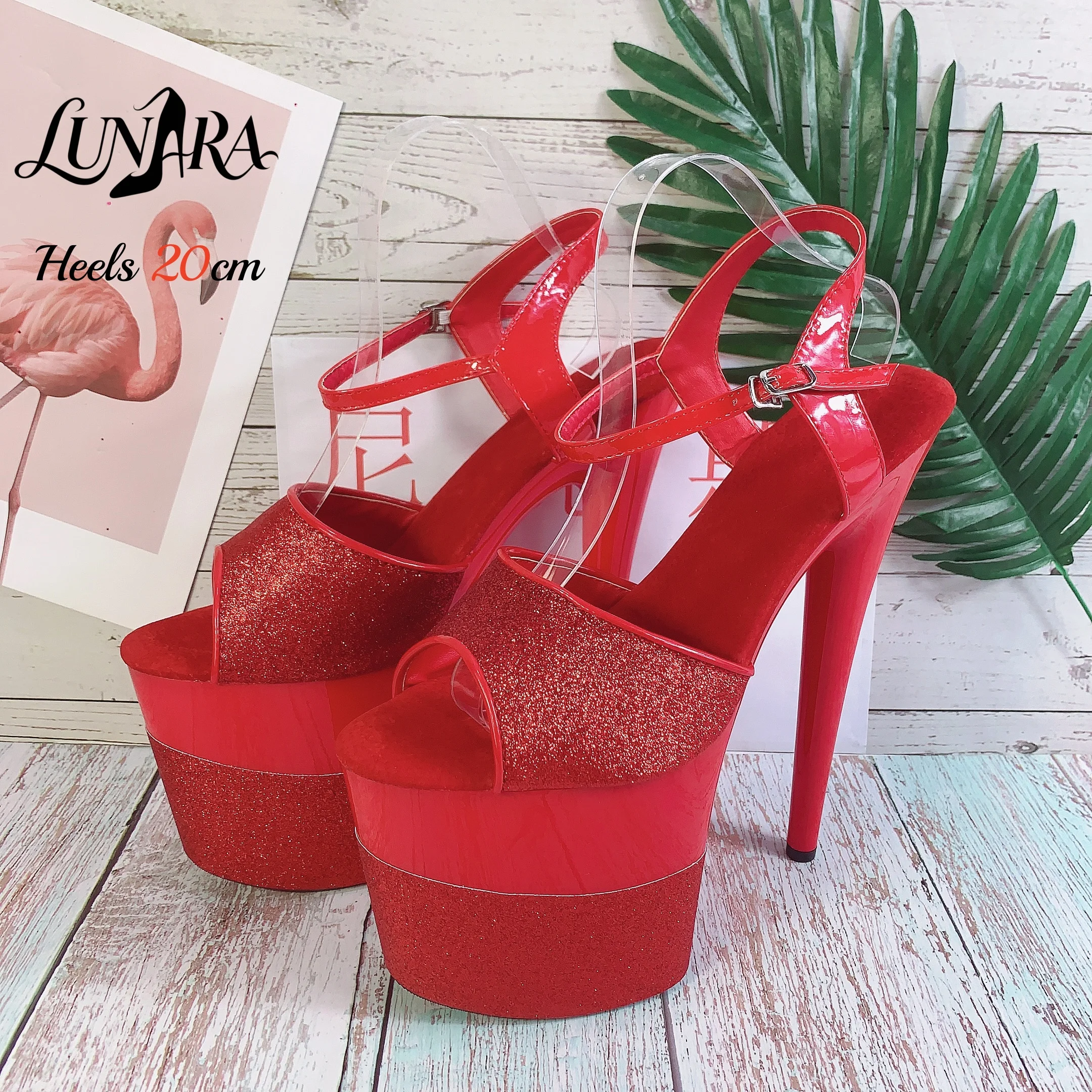 Ladies 20cm/8Inch Red Glitter Ankle Strap Buckle Open Toe Platform Stilettos Sandals Stripper shoes Exotic Pole dance Club Rave