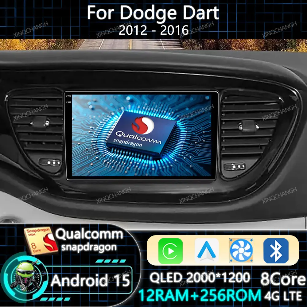 Android 15 Radio de coche Carplay Auto para Dodge Dart 2012 - 2016 Qualcomm navegación 4G WIFI 2DIN QLED unidad principal GPS BT navegación