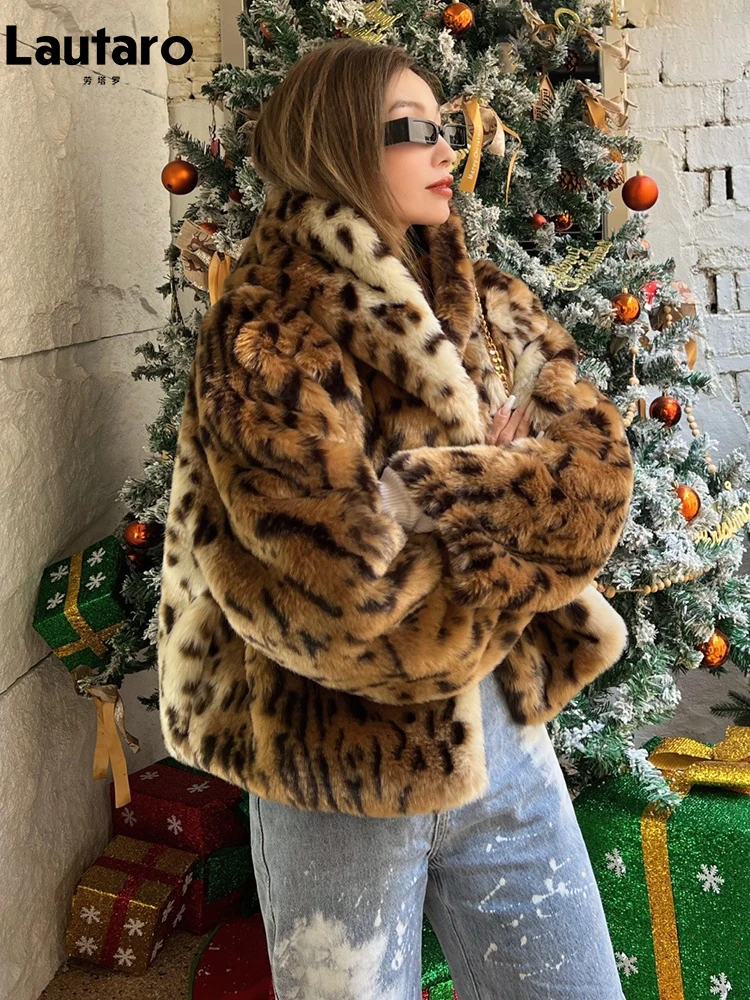 Lautaro Winter Short Thick Warm Leopard Print Faux Fur Coat Women with Hood Raglan Long Sleeve Hot Girl Loose Soft Fluffy Jacket