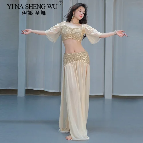 Imagen 2 del producto Conjunto de traje de danza del vientre para mujer, Top y falda de malla con lentejuelas, mangas cortas para adultos, ropa de práctica puesta en escena
