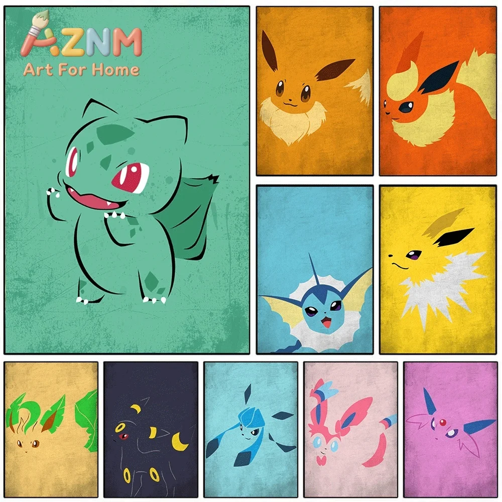 AZNM Pokemon Eevee Evolution Vintage Texture Canvas Wall Art Unframed Cartoon Monster Print Kids Bedroom Living Room Decor Pos