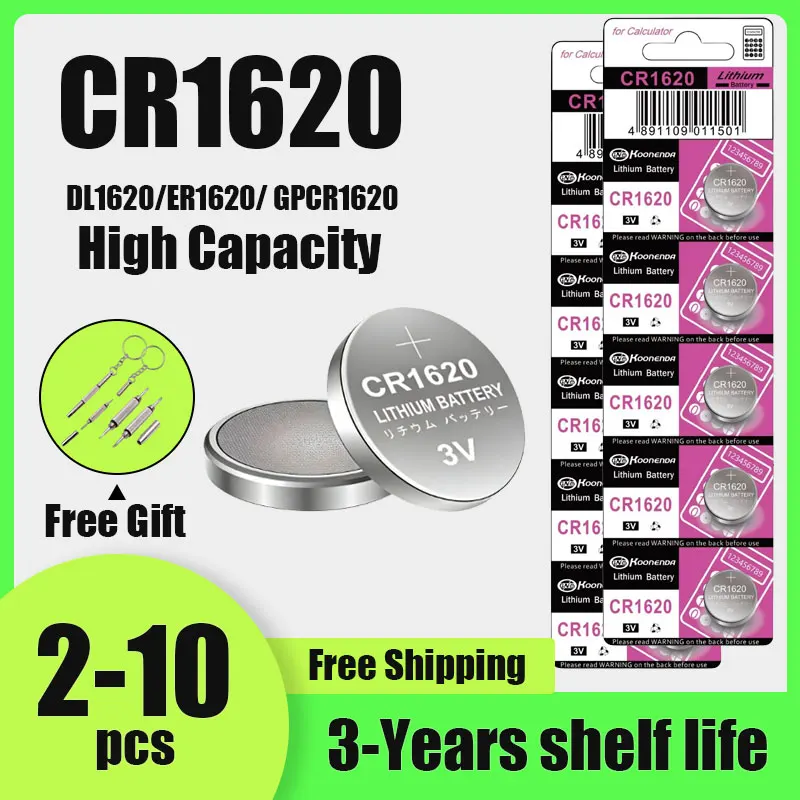 

3V Lithium Button Battery CR1620 Coin Cell 2-10PCS for Watch, Key Fob, Calculator, Car Remote & Toys