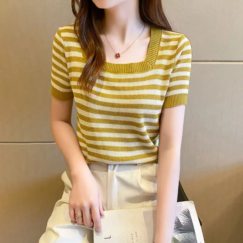 Korean Casual Summer T-Shirts Women Square Collar Ice Silk Striped Contrast Color Fashion Elegant Slim Short Sleeve Knit Tops