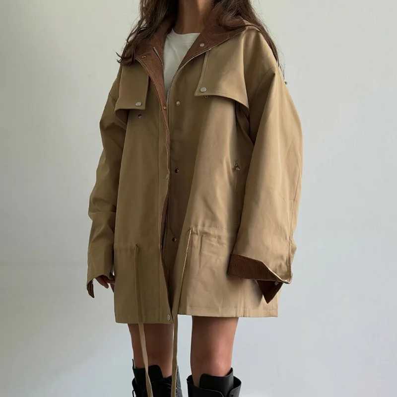 Stand Collar Mid‑Length Trench Jacket Drawstring Waist Zip Button Closure Loose Oversized Women Casual Outerwear 260901