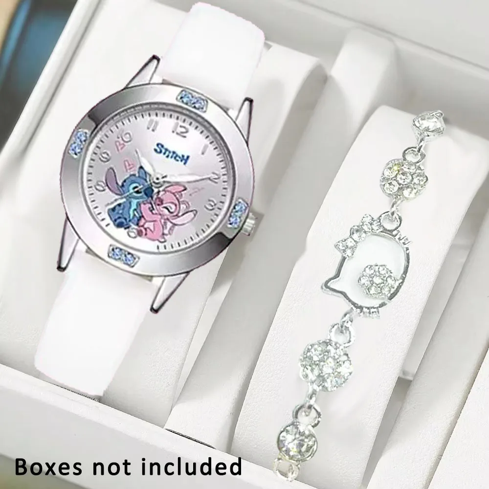 ساعة ديزني ستيتش كارتونية للنساء بحزام فولاذي عالي الجودة من الماس كوارتز ساعة يد للسيدات والفتيات مع سوار هالو كيتي