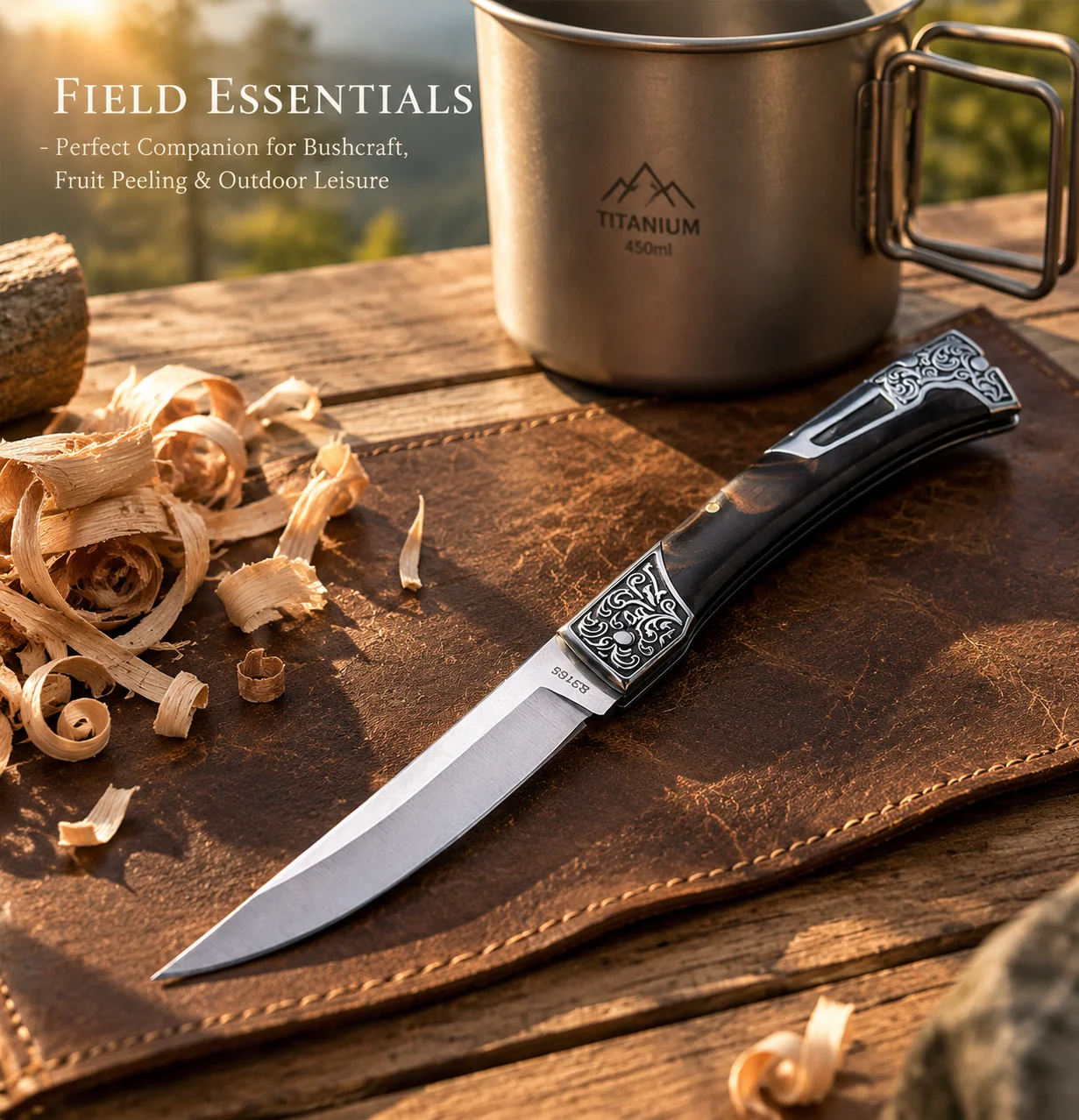 Portable Outdoor Survival Folding Knife with Exquisite Retro Patterns, Suitable for Both Gifting and Collection. It Features a Wood-Resin Handle and Sharp Blade, Ideal for Outdoor Activities, Household and Kitchen Use.