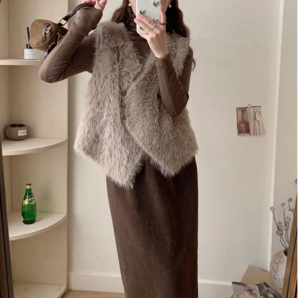 

Women's Imitation Mink Velvet V-neck Knitted Cardigan Double-breasted Sweater Vest Waistcoat Spring Autumn New