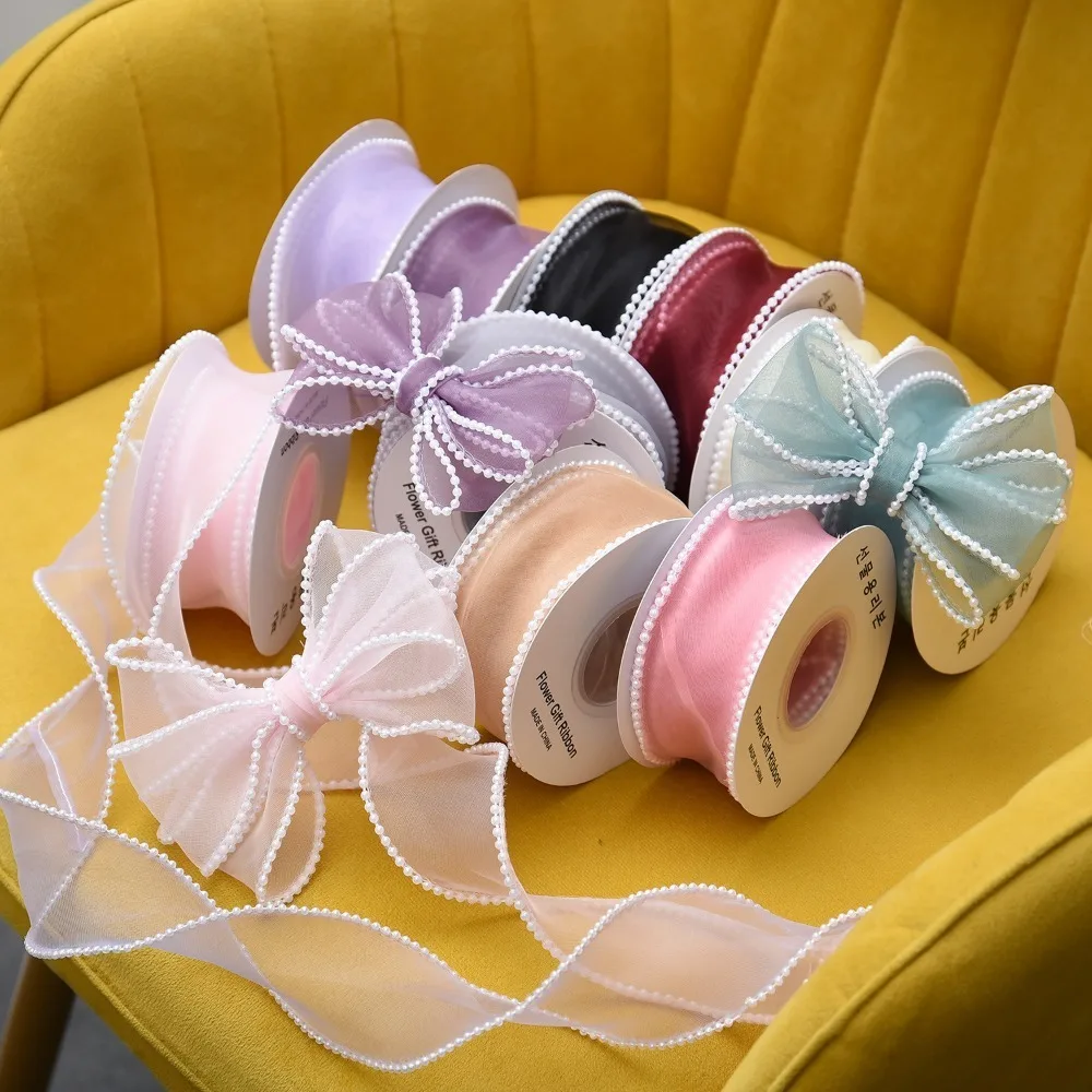 Decorative Pearl Edge Wrapping Ribbon DIY Solid Color Pearl Fishtail Gauze Gift Wrap Baking Lace Ribbon Gift