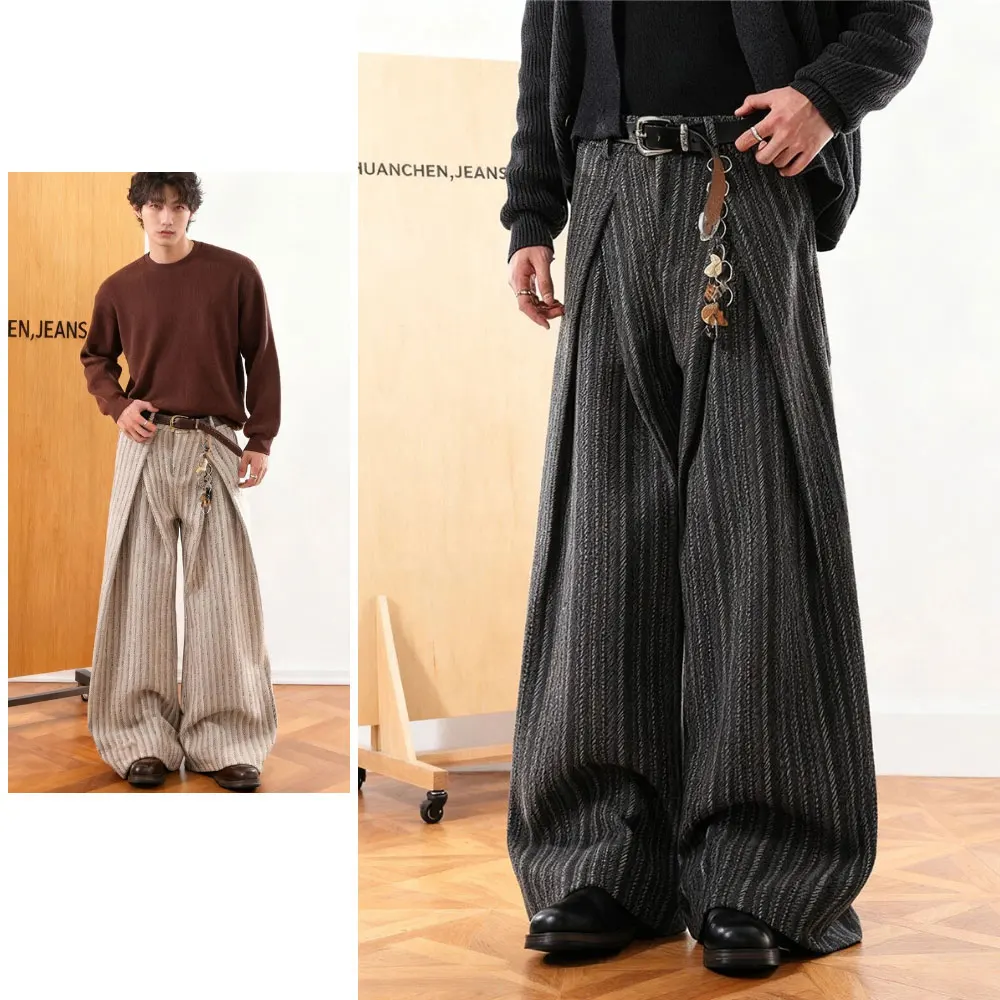 

Мужской костюм, брюки, плиссированный дизайн, полосатые брюки контрастного цвета, модные шерстяные широкие свободные мужские брюки, длинные брюки, одежда