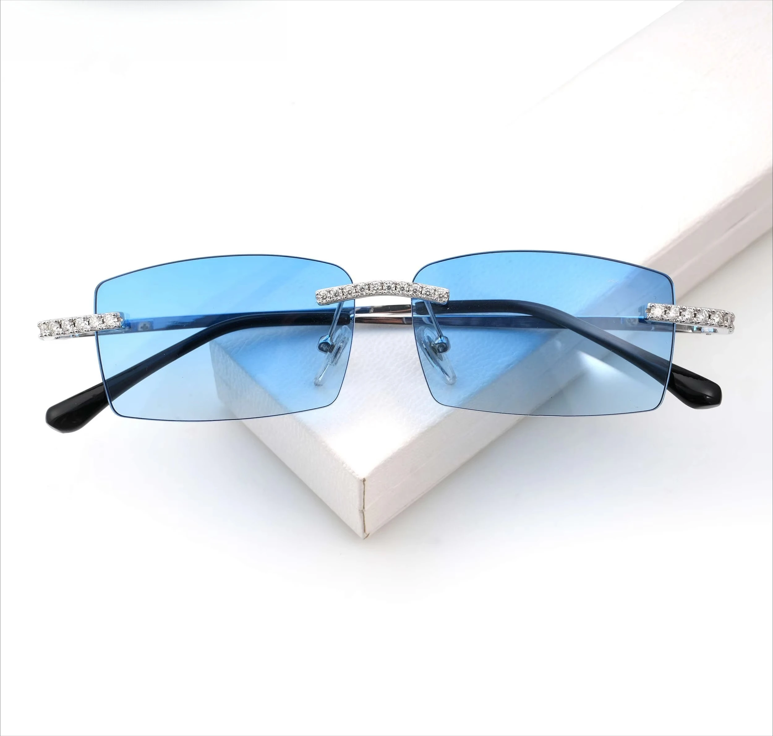 Rimless Gradient Lens Fashion Sunglasses Inlaid Moissanite 925 Silver Temple Metal Frameless Shades UV Protection for Women Men