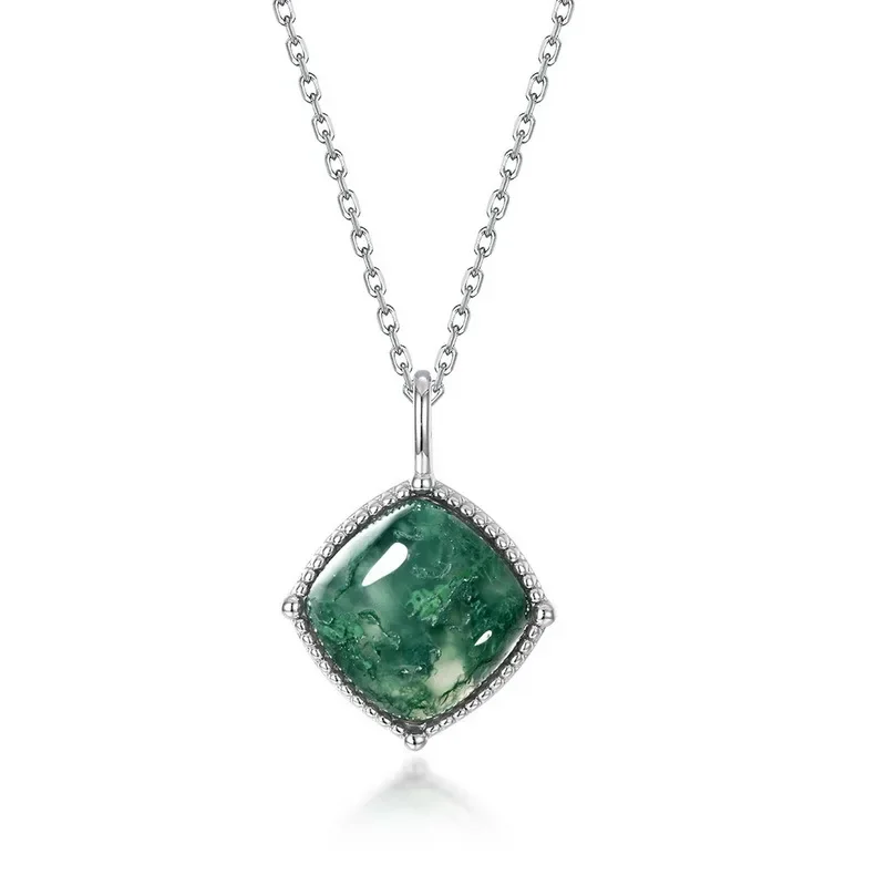 

Square Natural Agate Moissanite Pendant S925 Silver Plated 18K Gold PT950 Platinum Sugar Tower Green Moss Stone Necklace