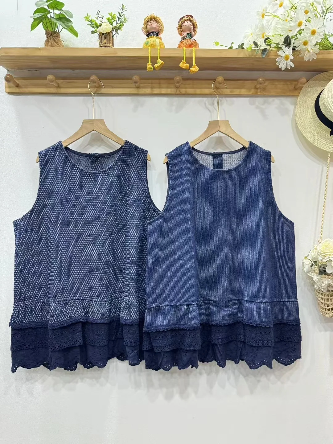 

Свободный круглый джинсовый жилет с кружевной отделкой, уменьшающий возраст, повседневный летний топ, женский модный хлопковый топ