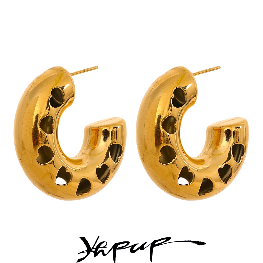 Yhpup 30mm C Shape Geometry Hollow Heart Hoop Earrings for Women Charm Fashion Waterproof Gold Color Bijoux Jewelry Gift