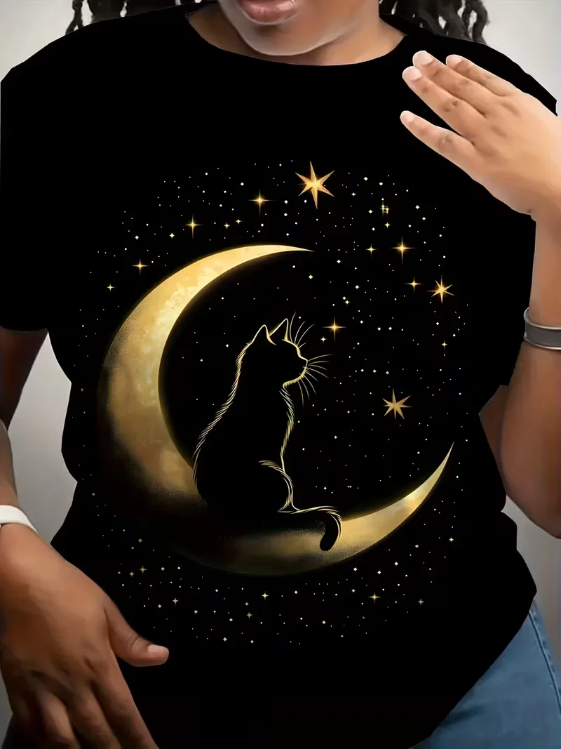 Ladies' Black T-shirt with Cute Black Cat Night Sky Graphics Moon and Stars Themed Party Clothing Casual Top for Daily Wear